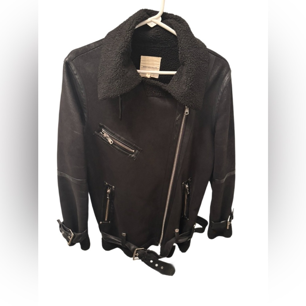 Avec Les Filles Oversized Faux Shearling Biker Jacket - Black - Size Small